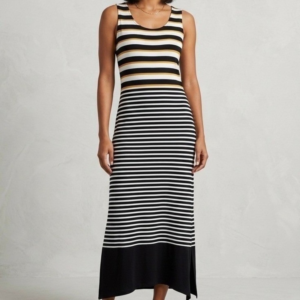 LOFT Stripe Twist Back Maxi Dress Black Yellow Size L Slit Hem Resortwear Cruise